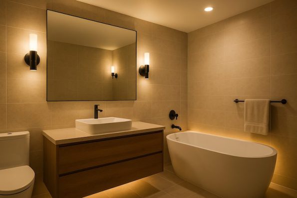 Modern bathroom with bright overhead lighting, wall sconces, and ambient lighting for a relaxing ambiance, 