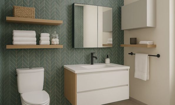 Organized bathroom with sleek floating shelves and wall-mounted cabinets for efficient storage solutions