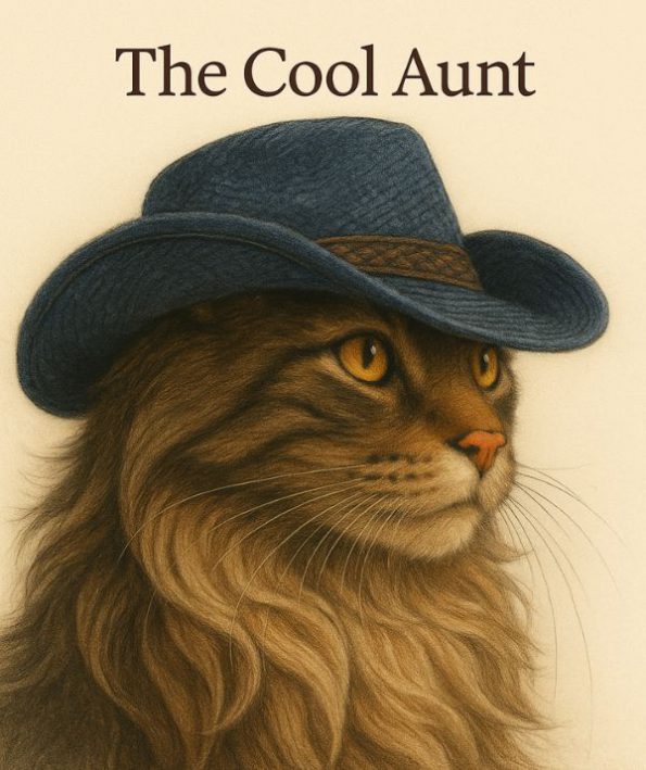 Chic Maine Coon cat in cowboy hat exuding Cool Aunt energy.