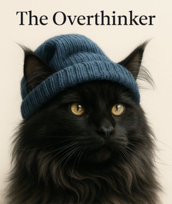 Contemplative Maine Coon cat in blue beanie representing The Overthinker
