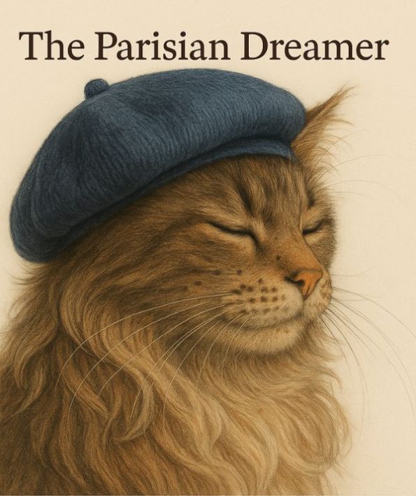 Romantic Maine Coon cat in beret – The Parisian Dreamer vibe