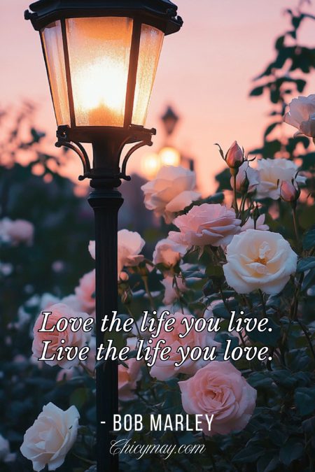 Lantern glowing among blooming roses at sunset, with quote about living a meaningful life.