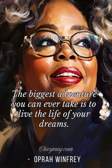 Vibrant artistic image of Oprah Winfrey smiling, with a quote about chasing dreams.