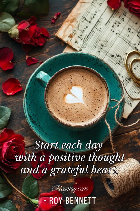 Cup of coffee surrounded by rose petals and music sheets with an inspiring quote about gratitude