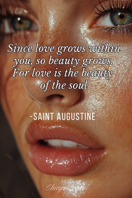 Close-up of a woman’s glowing skin and quote about inner beauty and love.